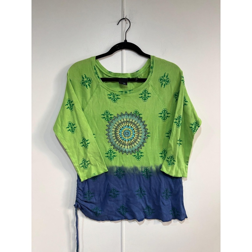 VTG Tco. Tunic Top Shirt Womens Medium Green Blue Tie Dye Mandala Boho Y2K
